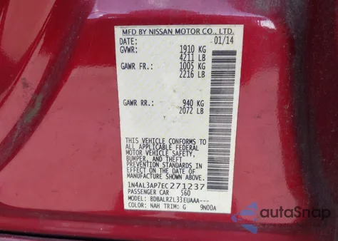 2014 Nissan Altima 2.5/2.5 S/2.5 Sl/2.5 Sv z USA, uszkodzony, nr VIN 1N4AL3AP7EC271237